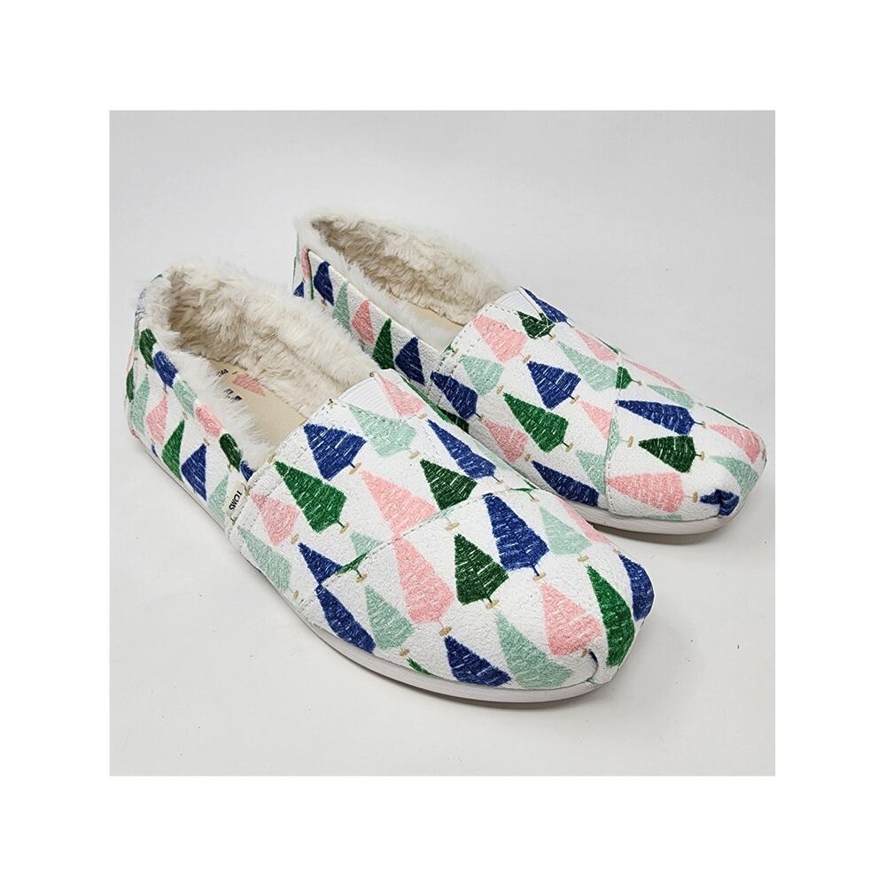 TOMS X Paper Source Espadrilles Women 5.5 Colorful Trees with faux fur edge Flat